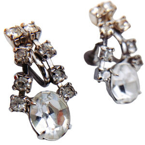VTG Mid Century Earrings, Screw-Back, Prong Set Rhinestones, Sparkly 1950s